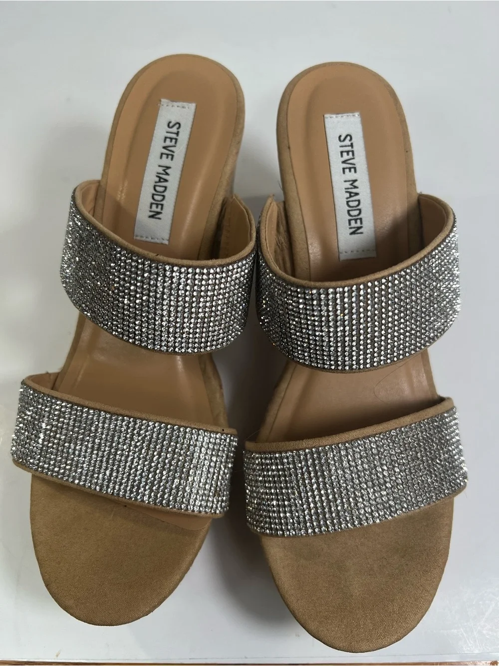 Steve Madden Sandro Rhinestone Cork Wedge Slide Sandals Beige 8.5M